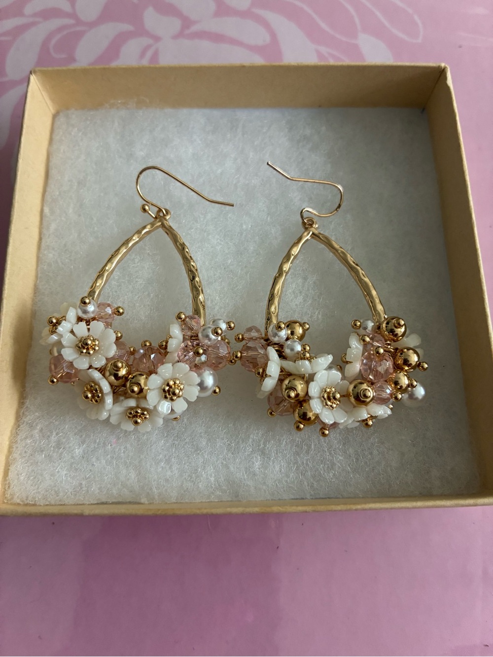 Natasha Denona Gold Floral Hoop Earrings with White and Pink Accents